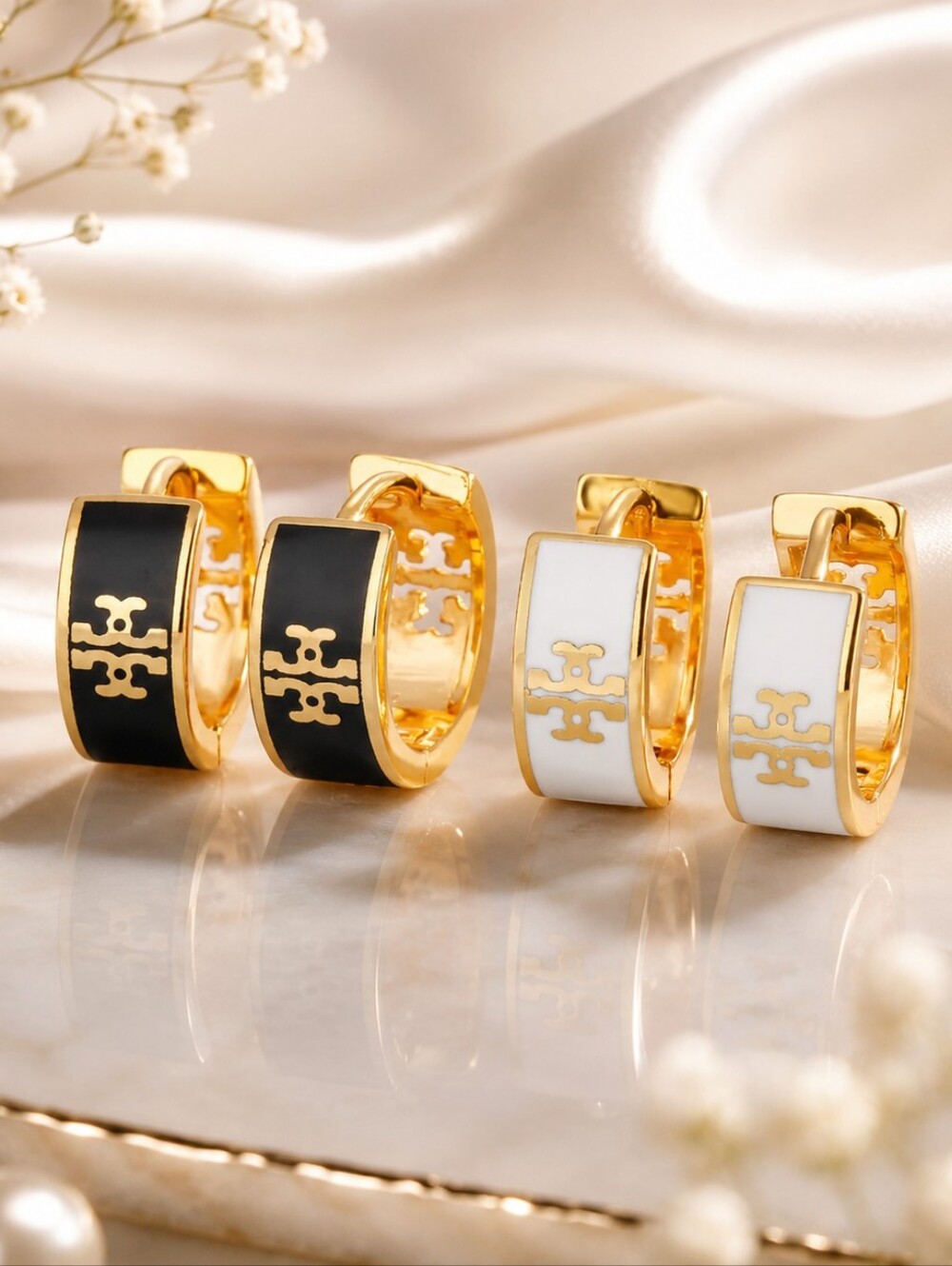 Designer Inspired Gold Hoop Earrings with Black or White Enamel